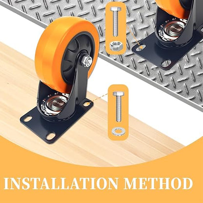 4 Inch Caster Wheels, Heavy Duty Casters Set of 4, Swivel Top Plate Industrial Casters for Furniture and Workbench, Orange Castors with Polyurethane Wheel (Orange 4 x Swivel, 4 Inch)