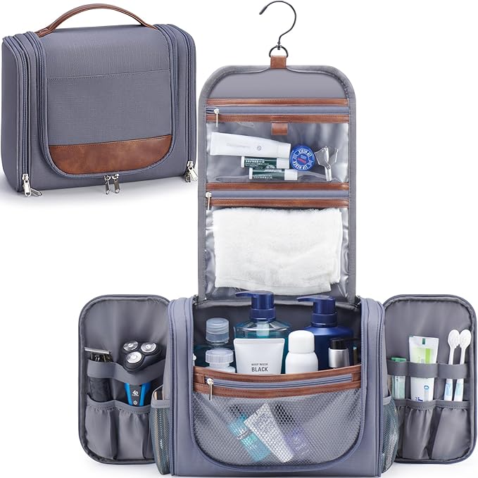 Large Hanging Toiletry Bag for Men, Travel Bathroom Bag with Hook, Hygiene Bag Organizer for Shower, Shaving & Grooming Essentials, Gray
