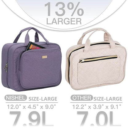 NISHEL Travel Toiletry Bag for Women, Makeup Essentials Organizer, Hanging Case for Accessories, Cosmetics, Large Size, Purple