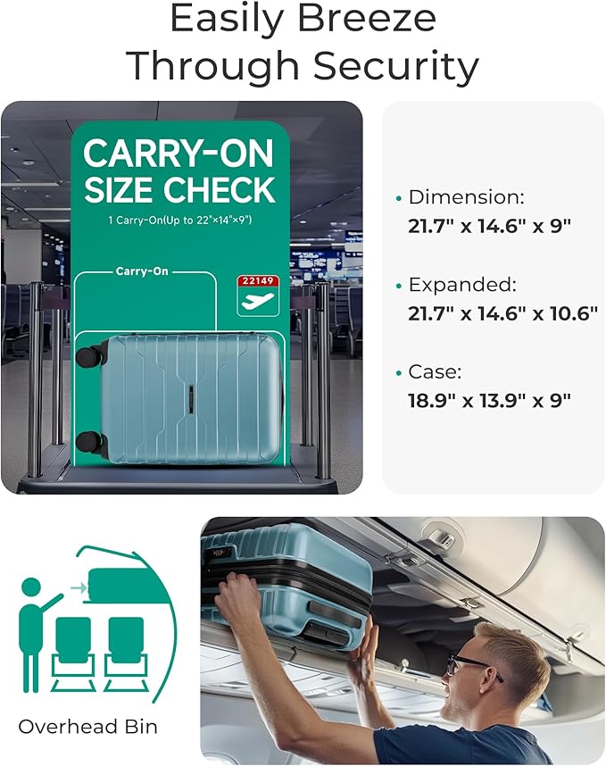 BAGSMART Carry On Luggage 22x14x9 Airline Approved with Spinner Wheels,Lightweight 20 Inch Luggage with TSA Lock,Expandable Hard Shell Carry On Suitcases for Men Women,Teal Blue