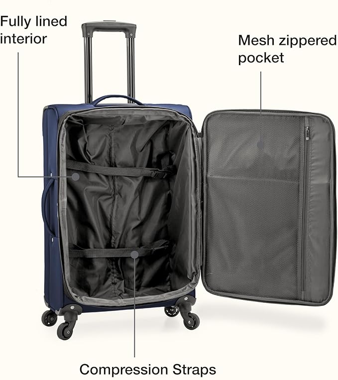 U.S. Traveler Anzio Softside Sturdy Ballistic Nylon Expandable Travel Suitcase Luggage with 4 Spinner Wheels, Navy, Carry-on 22-Inch