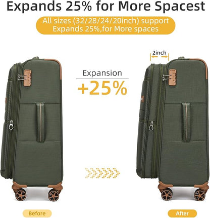 LARVENDER Luggage Sets 4 Piece, Softside Carry On Luggage Suitcase Set with 360° Spinner Wheels for Women Men(32/28/24/20) Army Green