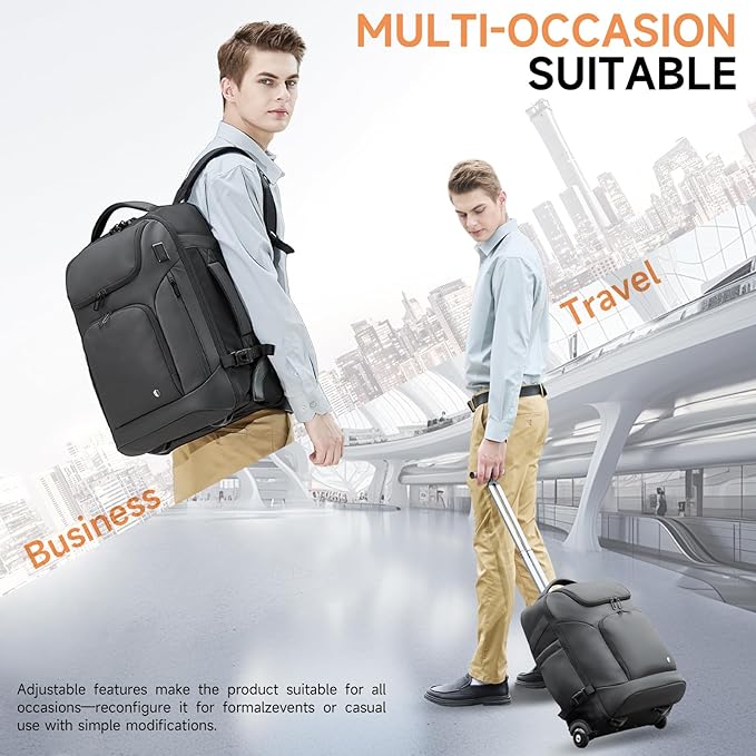 Backpack for Men, Anti Theft Convertible Laptop Backpack with Wheels,50L Rfid Personal Item Wheeled Backpack for Travel Business Work, Black