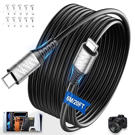 USB C Cable Fast Charging 20FT 60W 45W 40W 30W 25W 3A USB-C to USBC Cable Data Transfer PD Charge Cord for iPhone 17 Pro Max 16 Plus 16e 15 Galaxy S25 FE S24 S23 A17 for iPad A16 Pixel 10 9a 8 7 Black
