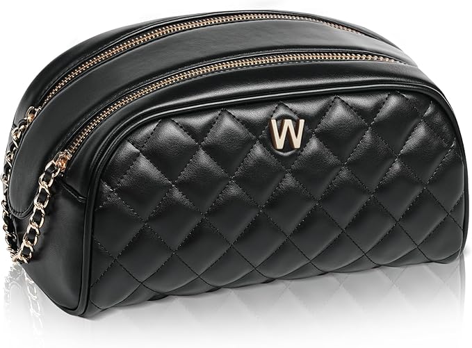 COSHAYSOO Unique Christmas Valentines Easter Mothers Day Travel Gifts for Women Mom Teacher Nurse Adult Daughter, Black Personalized Makeup Bag Quilted Leather Cosmetic Bags Monogram Initial Letter W