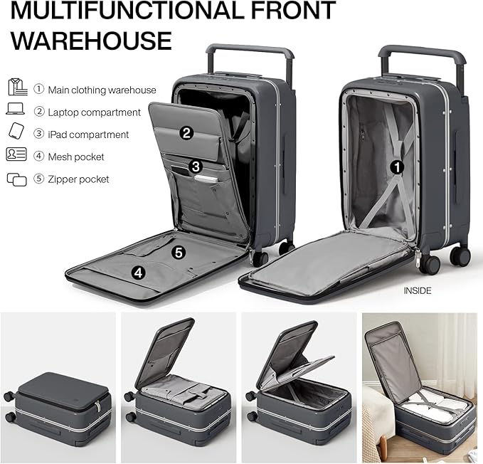 mixi Luggage Suitcases with Spinner Wheels 24'' Travel Luggage with Front Laptop Pocket, Wide Handle PC Hardshell Suitcase with TSA Lock & Cover, Checked Luggage(Rock Grey)