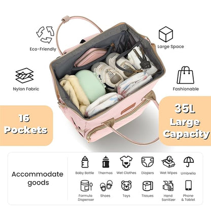Pink Diaper Bag Backpack for Baby Girls - Baby Shower Gifts for Mom, Quilted Diaper Bag with Changing Pad, Pacifier Case, Insulated Pockets, Stroller Straps, 35L Large Capacity - Cute