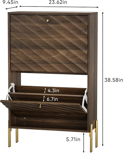 Spaco Walnut Shoe Cabinet for Entryway,Narrow Shoe Storage Cabinet with 2 Flip Drawers,Slim Shoe Rack Organizer for Hallway