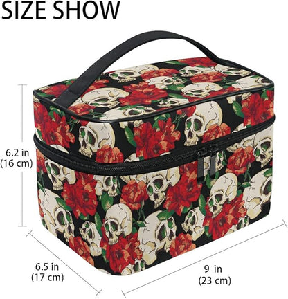 Skull Goth Makeup Bag, Gothic Skull and Flower Travel Makeup Organizer Bags Toiletry Bag Box Travel Cosmetic Bag Make Up Train Case for Women Teen Girl Ladies