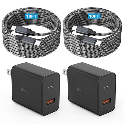Extra Long 10Foot 45W Samsung USB C Fast Charger Block Dual Port PD Power Adapter Fast Charging Block,2Pack 10FT Type C Super Quick Charging Cord for Samsung Galaxy S25 Ultra/S25/S24/S23/S22 and More