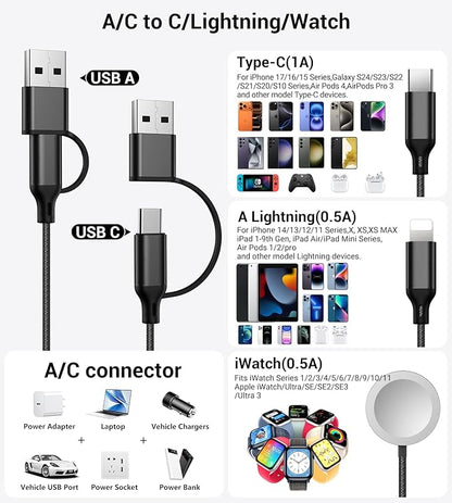 Temdan for Travel Vacation Essentials,3 in 2 USB C Cable for Apple Watch Charger/iPhone 17 Charger/Lightning,Multi Charging Cable Cord,Camping Essentials,Designed for iWatch &iPhone 16-12-5FT Black