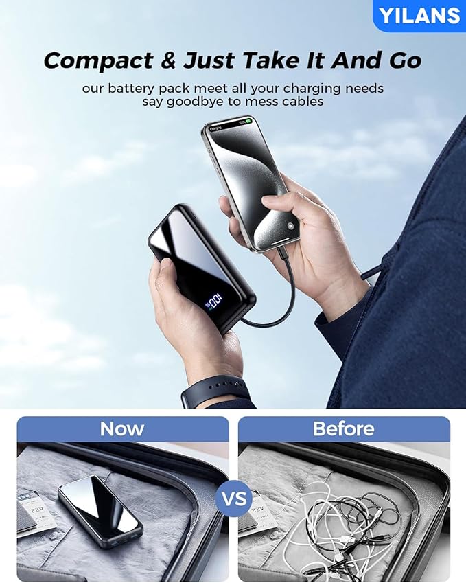 Portable Charger,50000mAh Power Bank Built-in Cable, 22.5W USB C In & Out Fast Charging, External Battery Pack with 6 Output & 2 Input, Travel Phone Charger for iPhone 17/16/15/14/13/12, Android