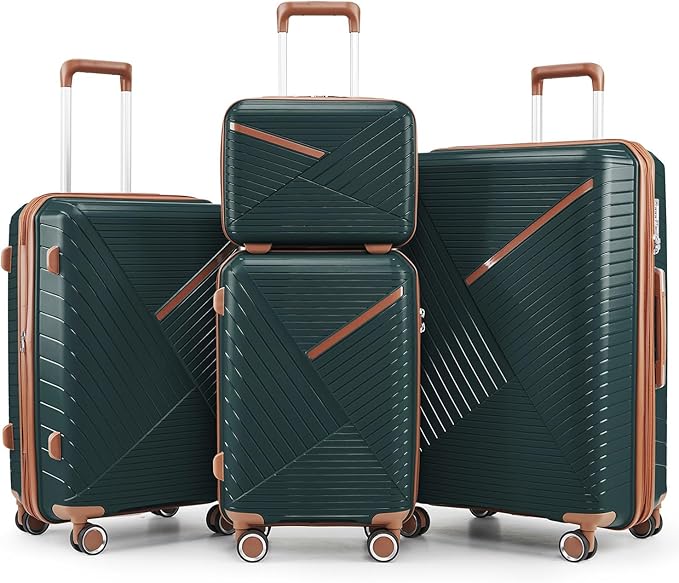 4-Piece Expandable Hardshell Luggage Set with TSA Lock (14/20/24/28) - Lightweight PP Suitcases, 360° Silent Spinner Wheels and Durable 100LB Handle for Air Travel (D# Army Green)
