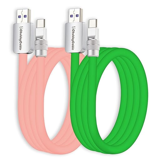 chubbycable Couple Chubby 2-Pack 120W USB C Cable Extra Thick Silicone Fast Charging Cable Compatible with iPhone 17-15 Series iPad Galaxy Series, Pink+Green, USB-A to Type-C, 6.6FT