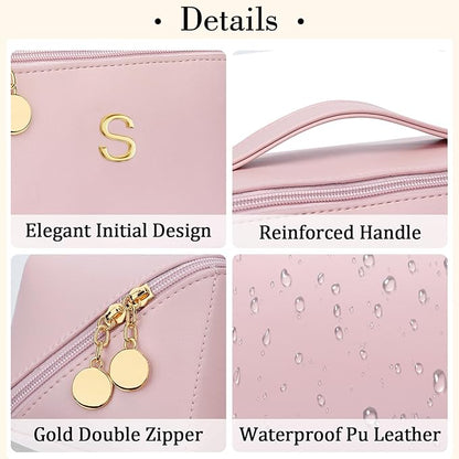 Birthday Gifts for Women Teen Girl, Personalized Initial Makeup Organizer Bag Set, Open Flat Travel Cosmetic Bag With Clear Divider and Handle(Pink,S)