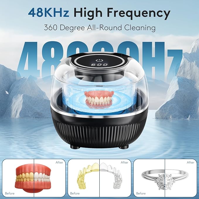 Ultrasonic Retainer Cleaner Machine, 48kHz Dental Cleaning Pod for Night Guards, Mouth Guards, Aligner, Braces, Toothbrush, Jewelry, Ultrasonic Dentures Cleaner with Digital Timer, 220ML, Black