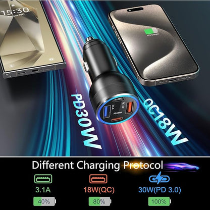 65W USB C Car Charger, Bangfun 4 Port Cigarette Lighter Adapter QC/PD 30W Fast Charging Dual 12V USB Car Phone Charger Power Adapter Plug for iPhone 16 15 14 13 12 iPad Pro,Samung S24(Black)