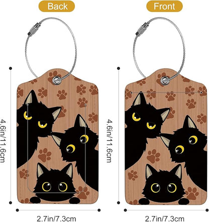 2Pack Luggage Tags for Suitcases, Cute Unique Pu Leather Cruise Luggage Tag with Privacy Cover ID Label Address Card and Metal Ring Suitable for Women Men Kids Travel Bag Black cat