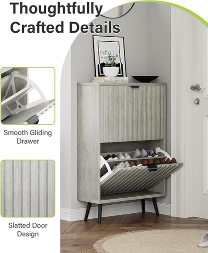 Shoe Storage Cabinet, Fluted Shoe Cabinet for Entryway, Grey Hidden Storage with Metal Legs, Flip Doors