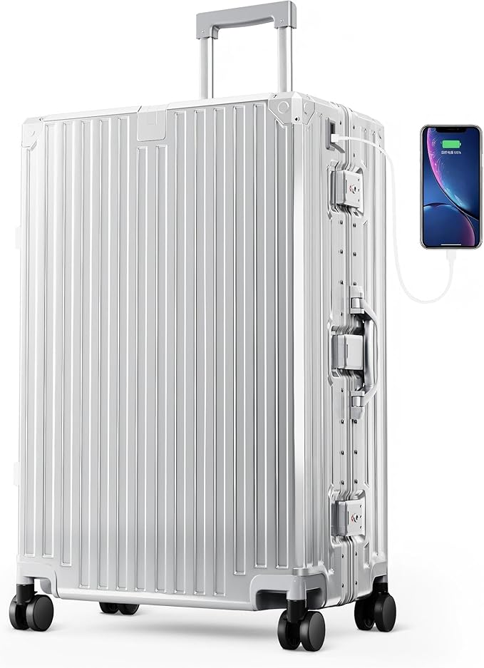 ALPHA CAMP Checked 28 Inch Luggage, Thickened Aluminum Frame Luggage with TSA Spinner Wheels, 3-Layer PC Hard Shell Zipperless Lightweight Travel Suitcase, TypeC USB Charging Port, Cup Holder