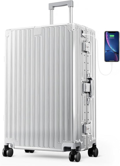 ALPHA CAMP Checked 28 Inch Luggage, Thickened Aluminum Frame Luggage with TSA Spinner Wheels, 3-Layer PC Hard Shell Zipperless Lightweight Travel Suitcase, TypeC USB Charging Port, Cup Holder