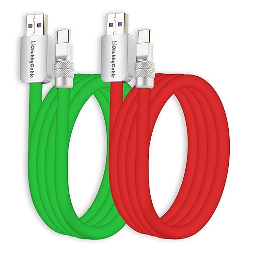 chubbycable Couple Chubby 2-Pack 120W USB C Cable Extra Thick Silicone Fast Charging Cable Compatible with iPhone 17-15 Series iPad Galaxy Series, Green+Red, USB-A to Type-C, 4.9FT