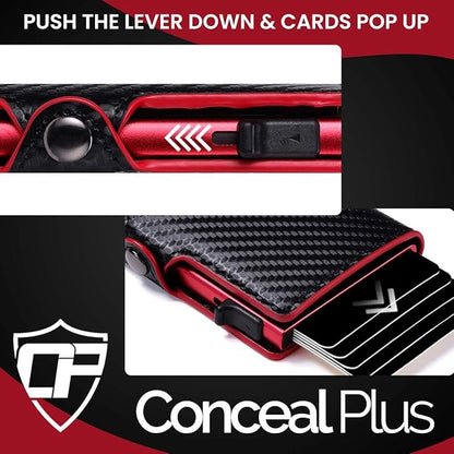 Conceal Plus Mens Wallet Credit Card Holder, Smart Pop Up RFID Wallet, Slim Minimalist Carbon Fiber Front Pocket Card Case, Compact Travel Wallet RFID Blocking, Holds 4-6 Standard Cards Plus Cash & ID