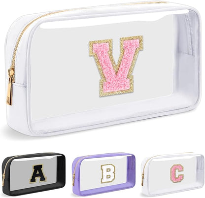Personalized Initial Letter Clear Makeup Bag,Preppy Small Nylon&PVC Cosmetic Zipper Bag with Chenille Letter,Travel Skincare Toiletry Bag,Monogram Christmas Gift for Teen Girls Women,V