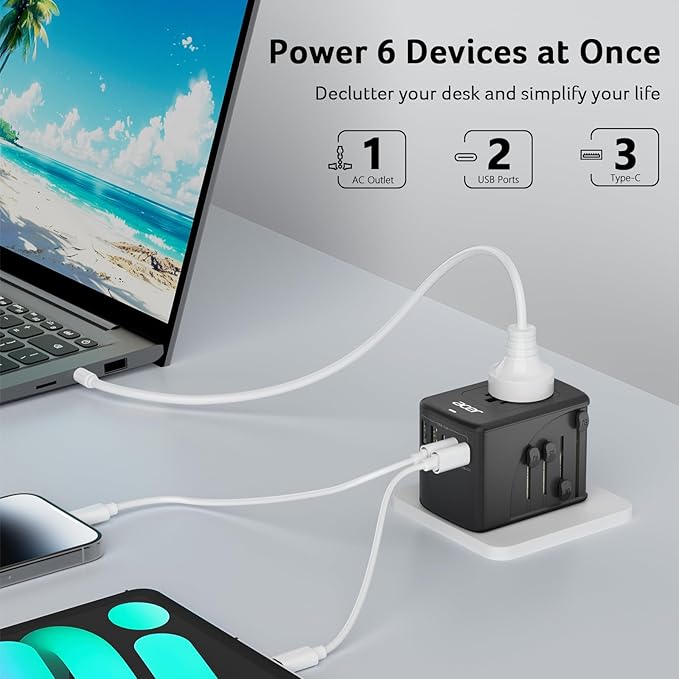 Acer Universal Travel Plug Adapter - International Power Adapter with 5 USB Ports (3 USB C) 5.8A, Worldwide Outlet Charger for USA to European UK France Germany Spain, Type C/E/F/G/I/L/A, Black