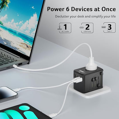 Acer Universal Travel Plug Adapter - International Power Adapter with 5 USB Ports (3 USB C) 5.8A, Worldwide Outlet Charger for USA to European UK France Germany Spain, Type C/E/F/G/I/L/A, Black