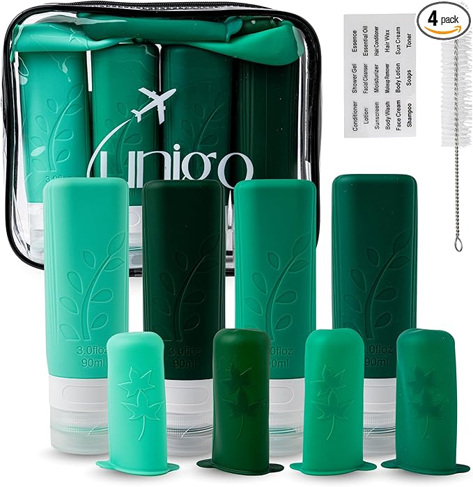unigo Travel Bottles For Toiletries, TSA Approved Containers, Travel Size Toiletries, Shampoo and Conditioner Bottles, Leak Proof and Refillable Bottles, BPA Free, Extra Bottle Covers (Green)