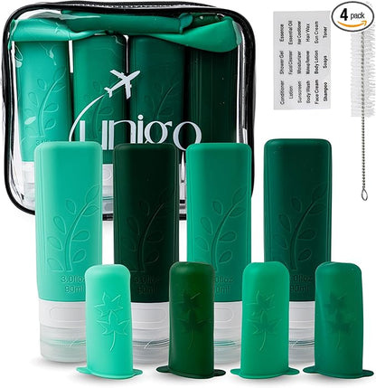 unigo Travel Bottles For Toiletries, TSA Approved Containers, Travel Size Toiletries, Shampoo and Conditioner Bottles, Leak Proof and Refillable Bottles, BPA Free, Extra Bottle Covers (Green)
