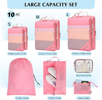 Lightweight Compression Packing Cubes for Suitcases, Compressible Expandable Travel Packing Organizer with Clear Toiletries and Backpack Bag, Travel Essentials for Carry on Luggage 7 Set