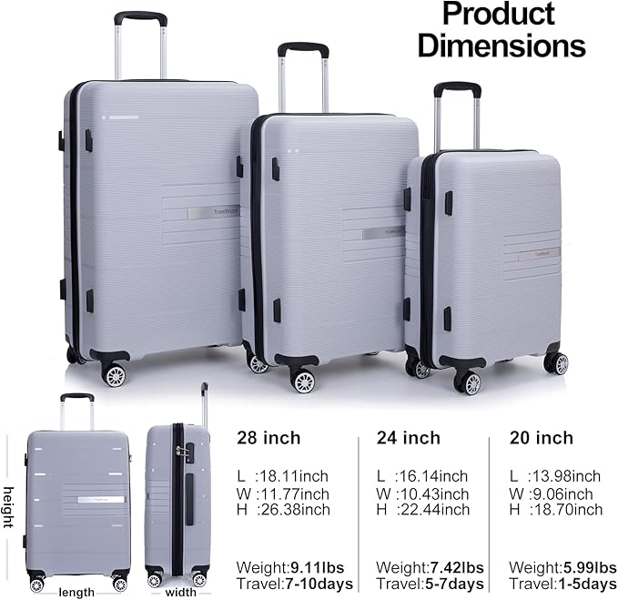 Luggage Sets Wear-Resistance Hardside Lightweight Suitcase Double Spinner Wheels, TSA Lock,Two Hooks, Scratch-resistant Carry-on,3 Piece Set(20inch 24inch 28inch) (silver)