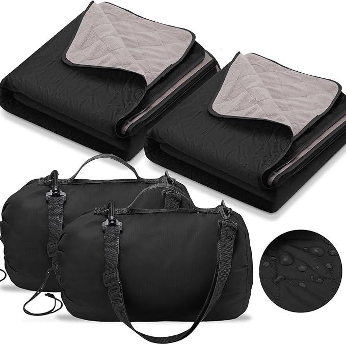 Tranqun 2 Large Outdoor Blanket 78'' x 55'' Quilted Windproof Waterproof Fleece Sandproof Stadium Foldable Warm Blanket for Camping Picnic Sporting Events Cold Weather (Black)
