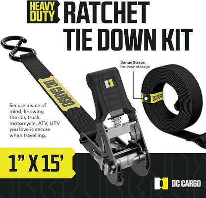 DC Cargo Mall Ratchet Straps Tie Downs 4 Pack (1,800 LB Break Strength) 1" x 15 Feet Tie Down Straps with Safety Lock S Hooks for Cargo, Trucks, Appliances, Moving.