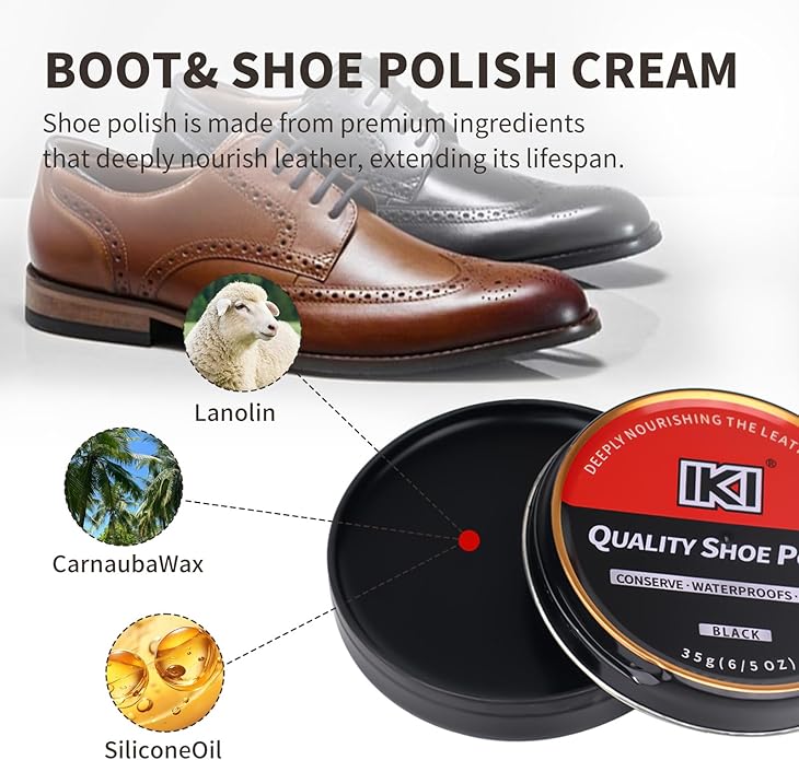 IKI Shoe Shine Polish Kit - 7PCS Leather Boot Care Kit with Black Brown Shoe Polish Horsehair Brush Cloth Shoe Horn for Men