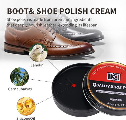 IKI Shoe Shine Polish Kit - 7PCS Leather Boot Care Kit with Black Brown Shoe Polish Horsehair Brush Cloth Shoe Horn for Men
