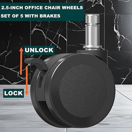 Office Chair Wheels with Brakes, 2.36"(60mm) Locking Chair Caster Replacement for Carpet and Hardwood Floors, Rolling Stool Casters (Set of 5)