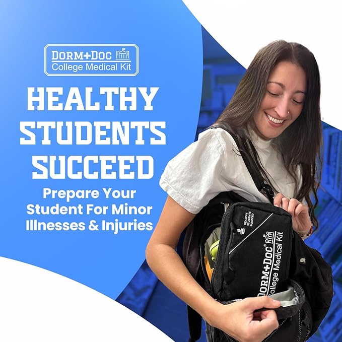 College First Aid Kit – Compact Emergency Medical Kit for Dorm Rooms, School, Sports – with Bandages, OTC Medicines for Relief, Gauze, Quick Care Set – Portable Health Kit - 175 PCS, Black