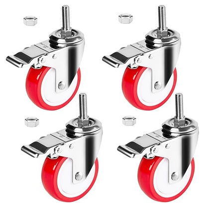 4 inch Stainless Steel Caster Wheels Heavy Duty, 1/2"-13x1-1/2 Threaded Stem Casters with Brake, Rust Resistant, Polyurethane PU Wheels for Hospital, Lab, Furniture, Restaurant