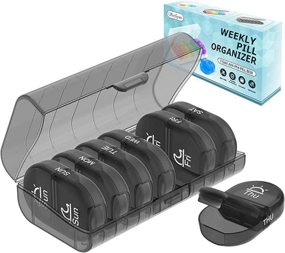 Serfeymi Weekly Pill Organizer 2 Times a Day Travel Medicine Pill Organizer AM PM Pill Box 7 Day with Protection Pill Case Daily Medication Organizer For Vitamins, Supplement-Black Case+Black Pill box