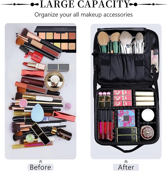 Travel Makeup Bag 10.4" Makeup Train Case Portable Artist Make Up Organizer Case with Adjustable Dividers Oxford Cloth Storage Case for Cosmetics Makeup Brushe (Black)