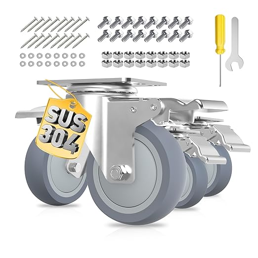 4 Inch Stainless Steel Caster Wheels with Brake, Heavy Duty 304 Casters Set of 4, Non-Marking TPR Quiet Wheels, 2300 lbs, Swivel for Furniture, Labs, Kitchens,Industrial with Hardware Kits