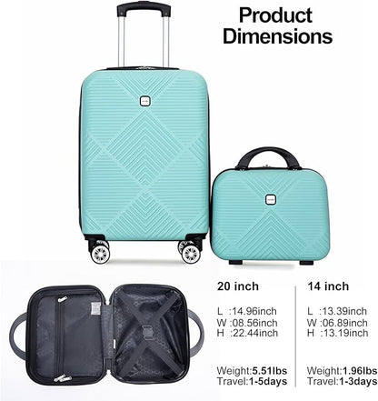 2 Piece Carry on Luggage Set, Airline Approved 20 Inch Luggage with Cosmetic Case Hard Shell Suitcase with Spinner Wheels, Aqua Blue