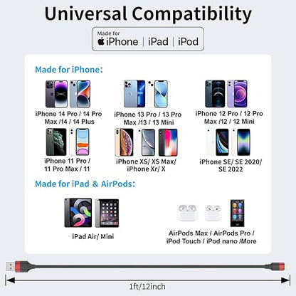 1ft Short iPhone Charger Cable 10 Pack Bulk, Multipack USB A to Lightning Cord 12 inch, Small iPhone Charging Cable for Fast Charging Station Compatible with iPhone 14 13 12 11 Pro Max 8 iPod