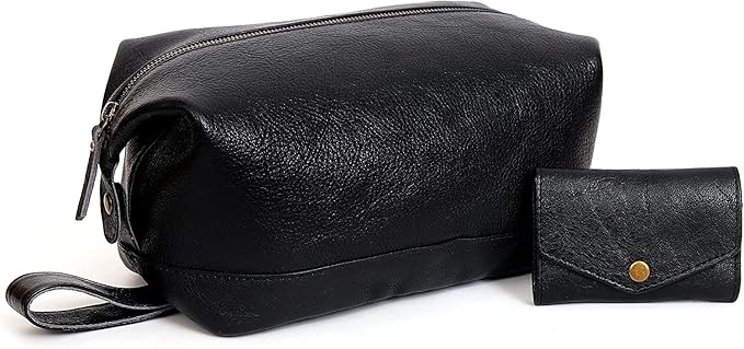 cuero Leather Brown Dopp Kit Unisex Travel Toiletry Cosmetic Pouch Shaving Kit Men Women (black)