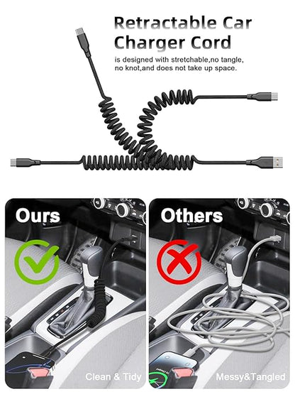 Car Carplay Cable 3ft Coiled USB A to USB C Fast Charge Cord for iPhone 16/15/Plus/Pro Max/MacBook Pro, Auto Coiled Retractable iPhone Car Cord