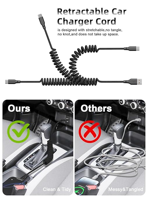Car Carplay Cable 2Pack 3ft Coiled USB A to USB C Fast Charge Cord for iPhone 17/16/15/Plus/Pro Max/MacBook Pro, Auto Coiled Retractable iPhone Car Cord