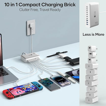 Charging Station for Multiple Devices 500W, 10 Ports Charging Blocks for Laptops/Tablets/Cellphones, 140W Max GaN Charger Super Fast Charging for MacBook, Ipad, iPhone, Power Adapter for Travel